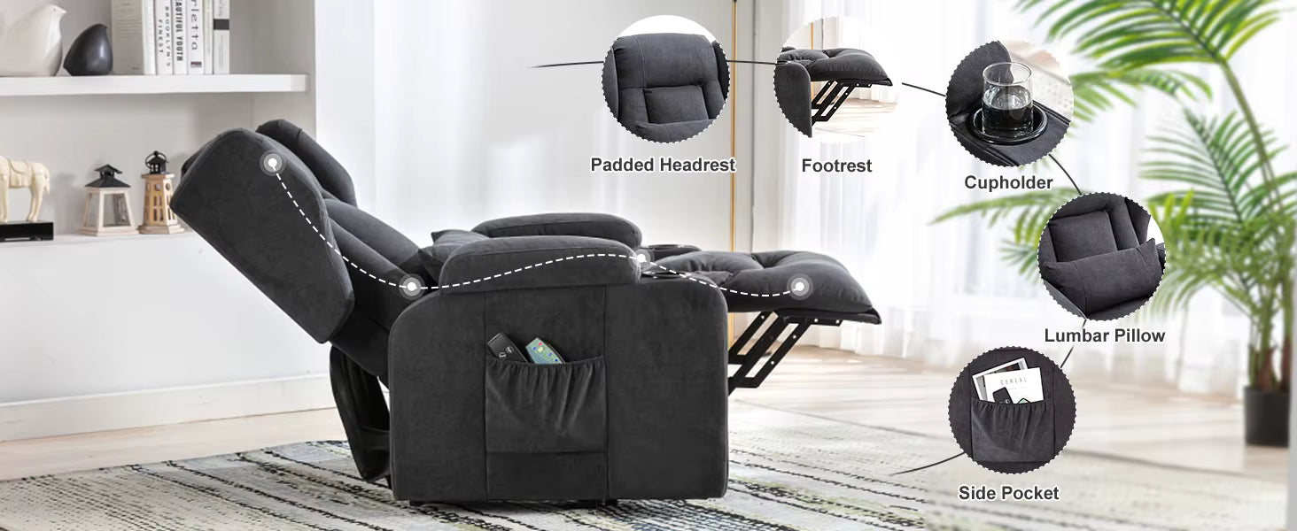 Electric Lift Recliner with Massage, Heat & Stand-Up Assist – Fabric TV Chair w/ Pockets & Cup Holders
