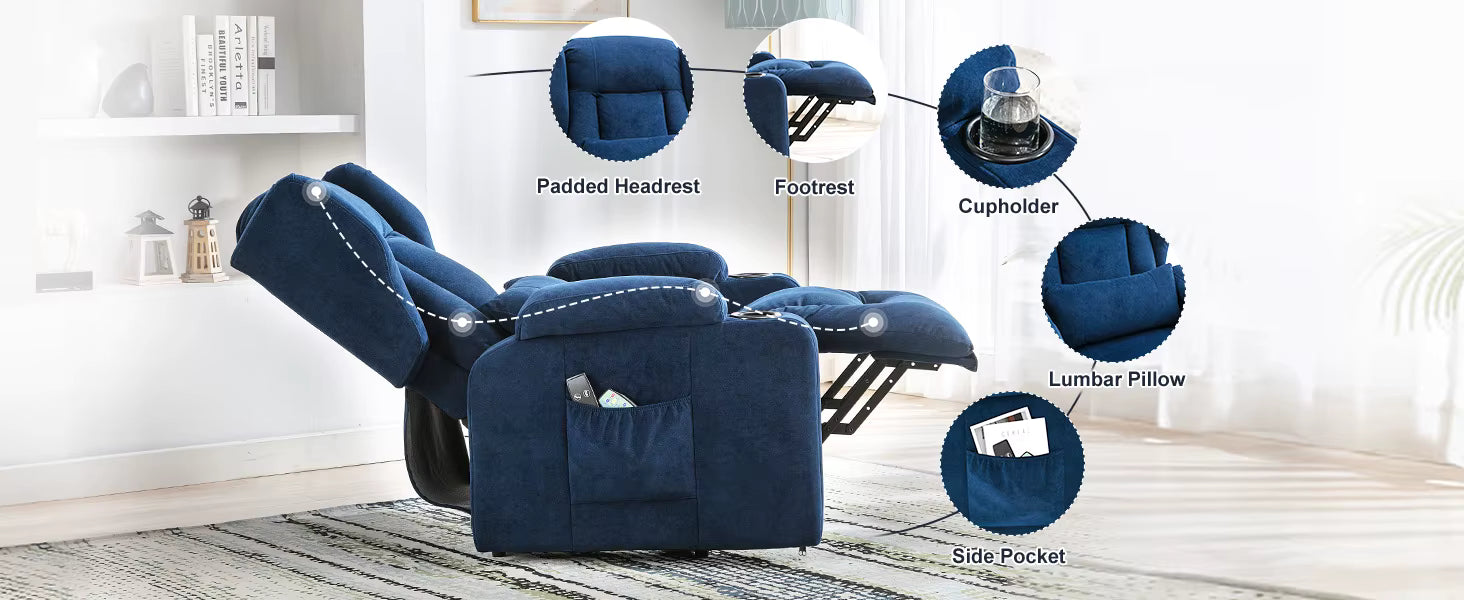 Electric Lift Recliner with Massage, Heat & Stand-Up Assist – Fabric TV Chair w/ Pockets & Cup Holders