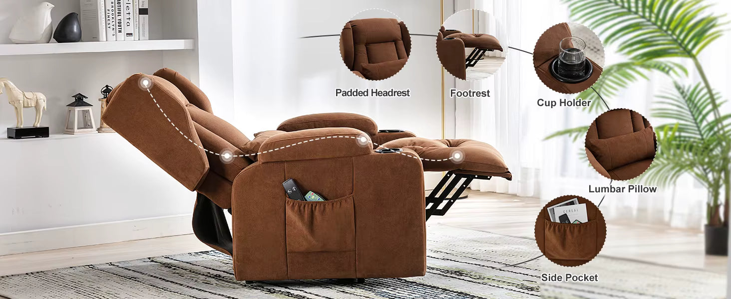 Electric Lift Recliner with Massage, Heat & Stand-Up Assist – Fabric TV Chair w/ Pockets & Cup Holders