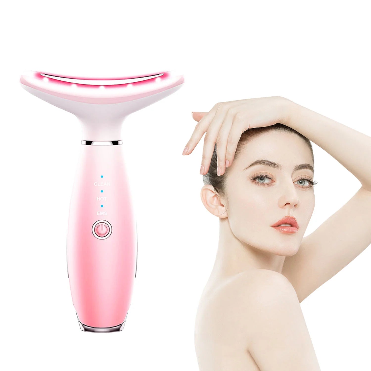 Skin Rejuvenation Beauty Device for Face and Neck Based Neck Lift on Triple Action LED, Thermal, and Vibration Technologies Lifts and Tightens Sagging Skin for a Radiant Appearance (Pink)